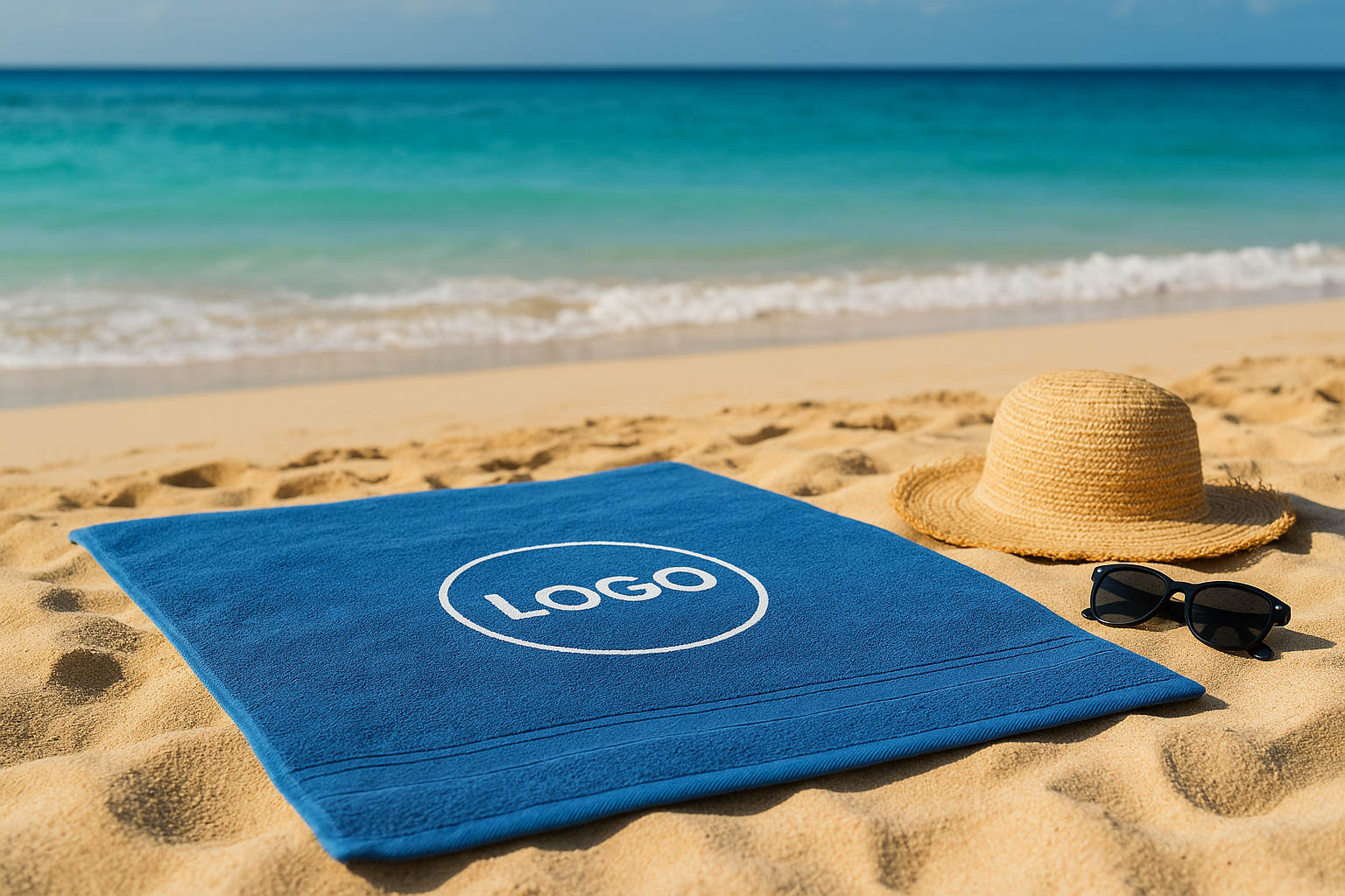 serviette bleu avec logo blanc au centre, chapeau de paille et lunettes de soleil posé à côté
