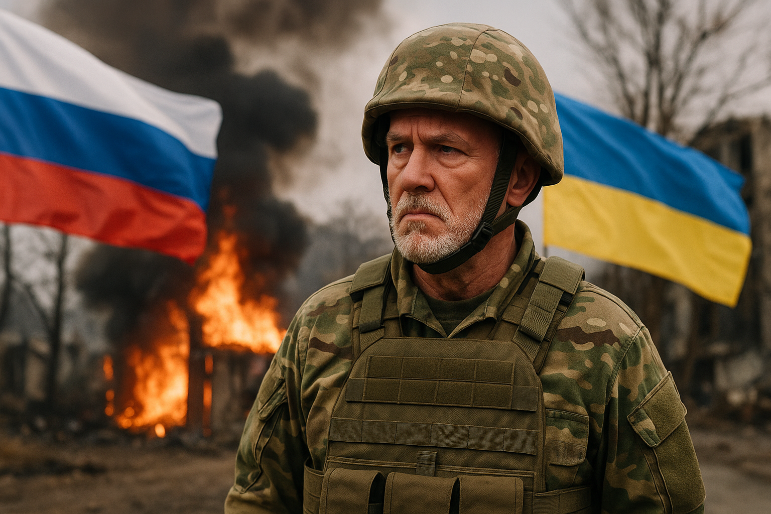 soldat en tenue de combat avec drapeaux russe et ukrainien derrière