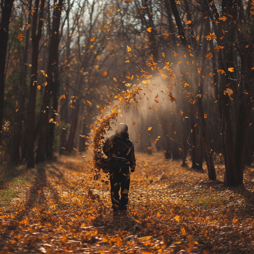 Un garde-forestier utilise un souffleur trans laser pour retirer les feuilles mortes du chemin de la forêt dont il est responsable