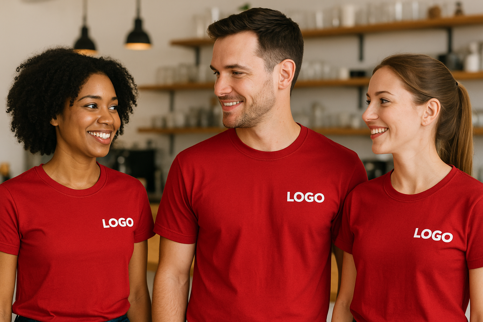 staff habillé de t-shirts rouges avec logo blanc côté coeur