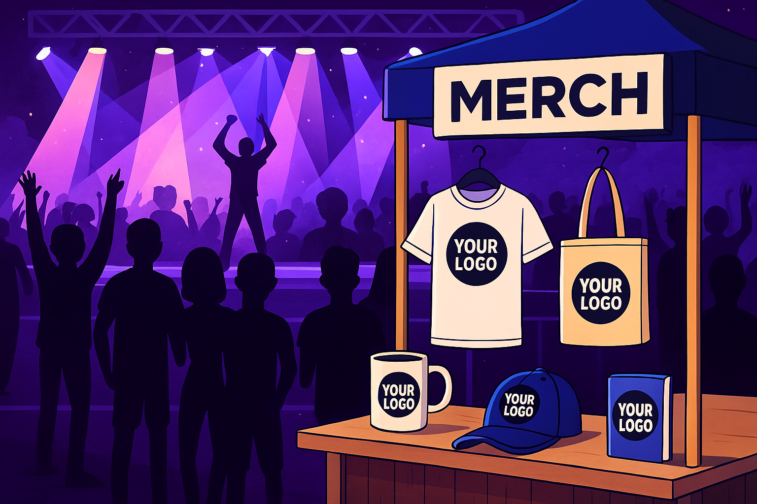 stand de merch avec t-shirt, tote bag, mug, casquette et agenda avec logos