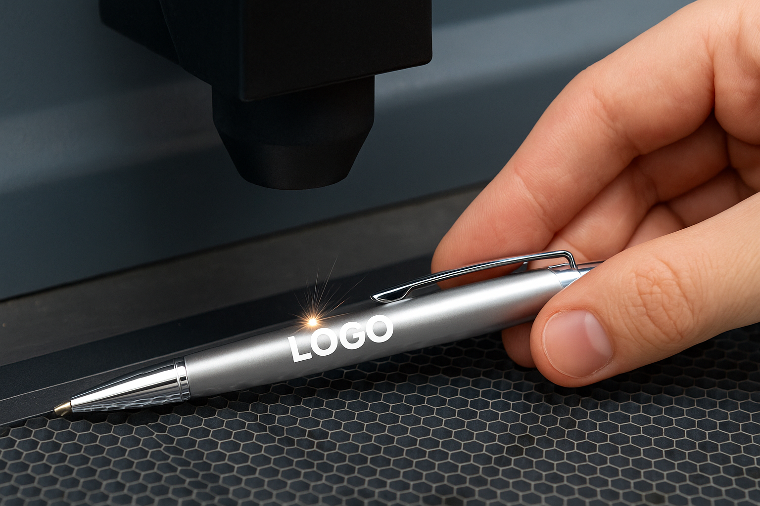 stylo gris avec logo blanc tenu par une main sous la machine de marquage