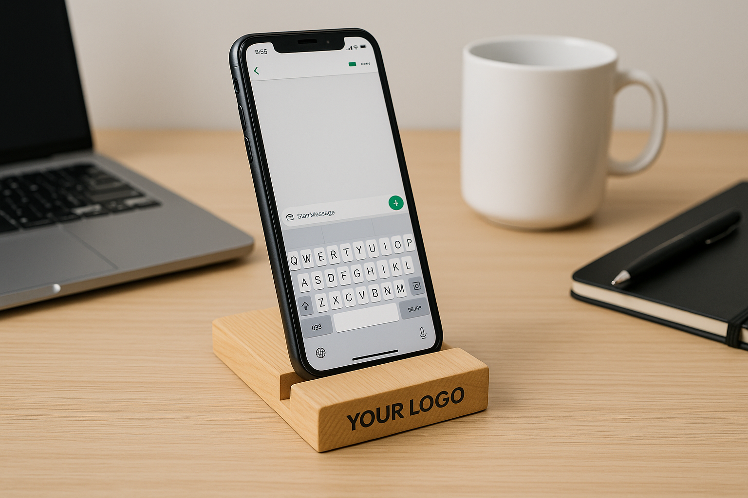 support pour telephone en bois clair, avec mug blanc en arrière plan