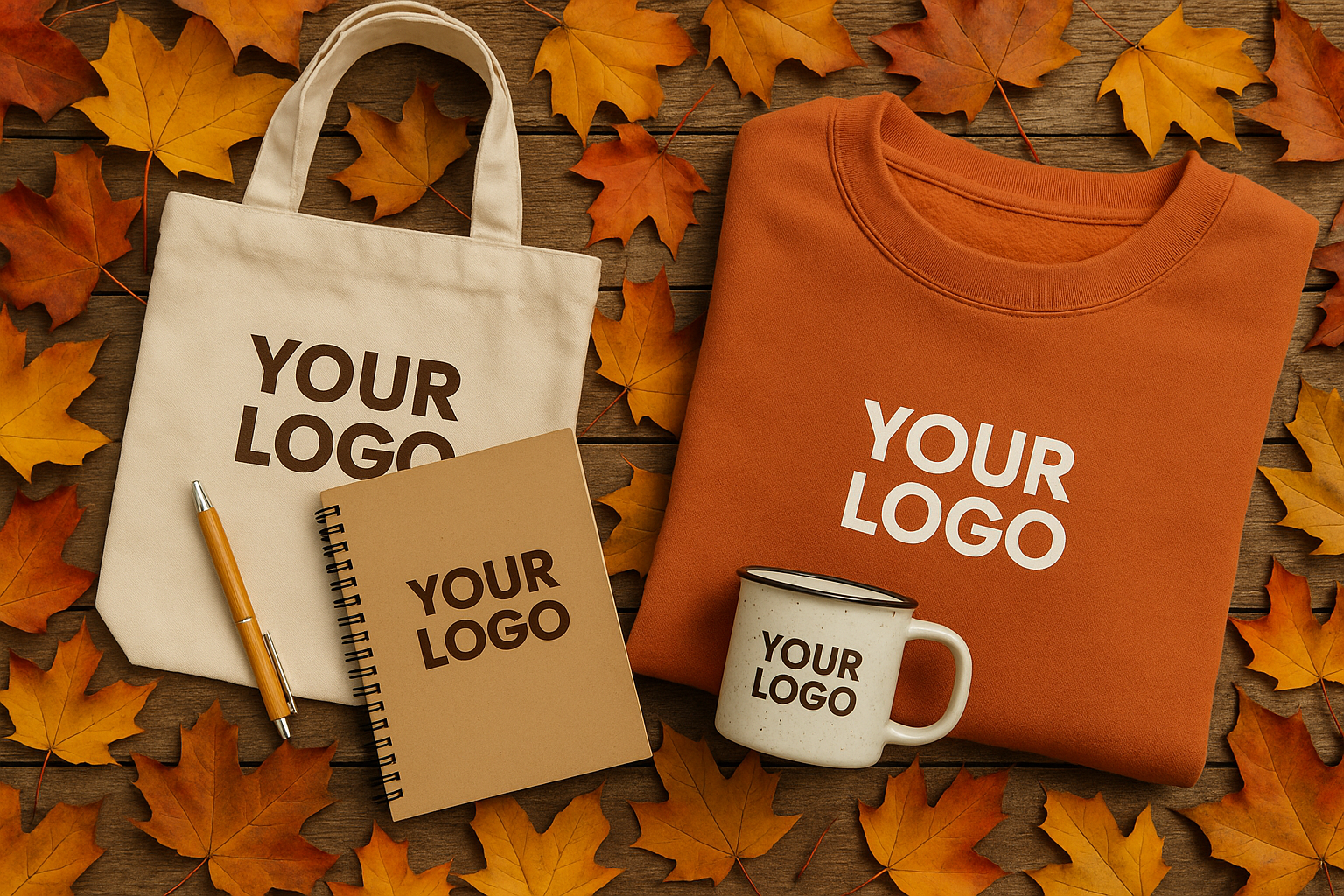 t-shirt avec tote bag, agenda, mug et stylo avec logos