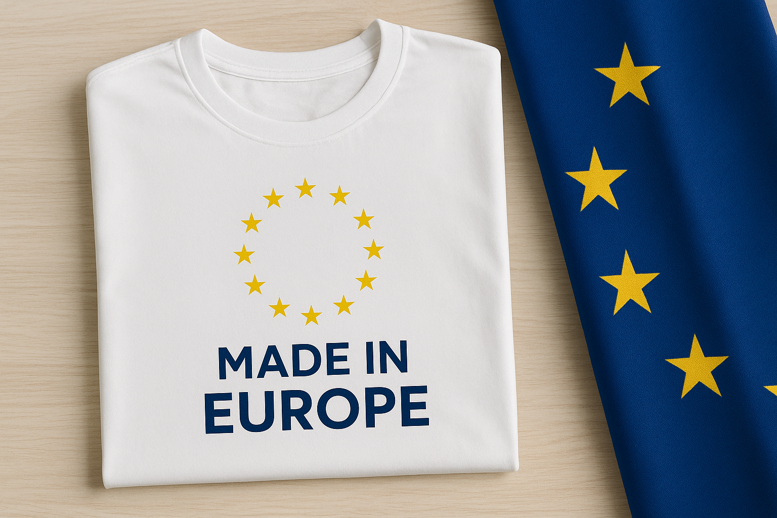 t-shirt blanc avec marquage made in europe au centre avec drapeau européen à droite