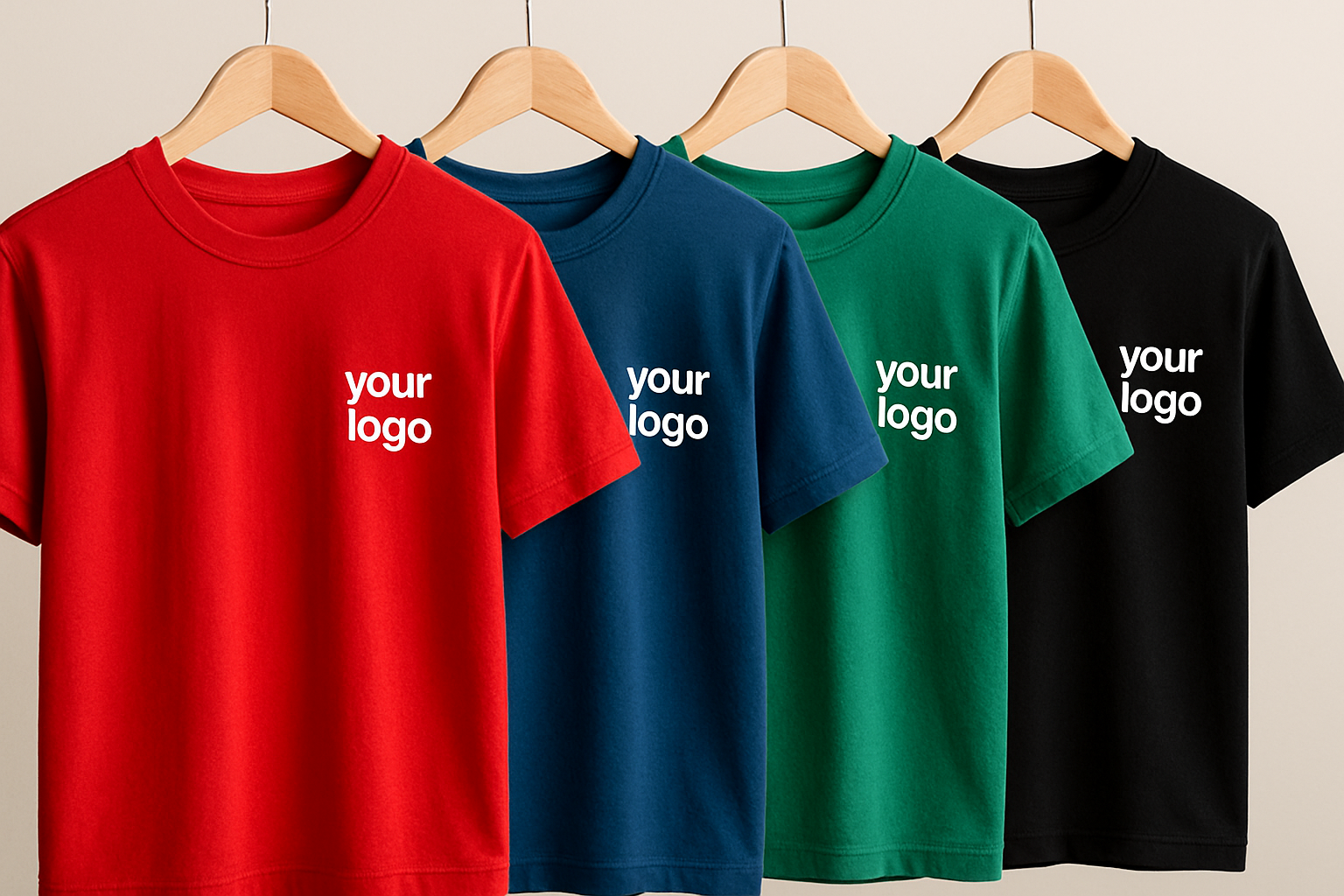 t-shirts rouge, bleu, vert, noir avec logo en blanc côté coeur