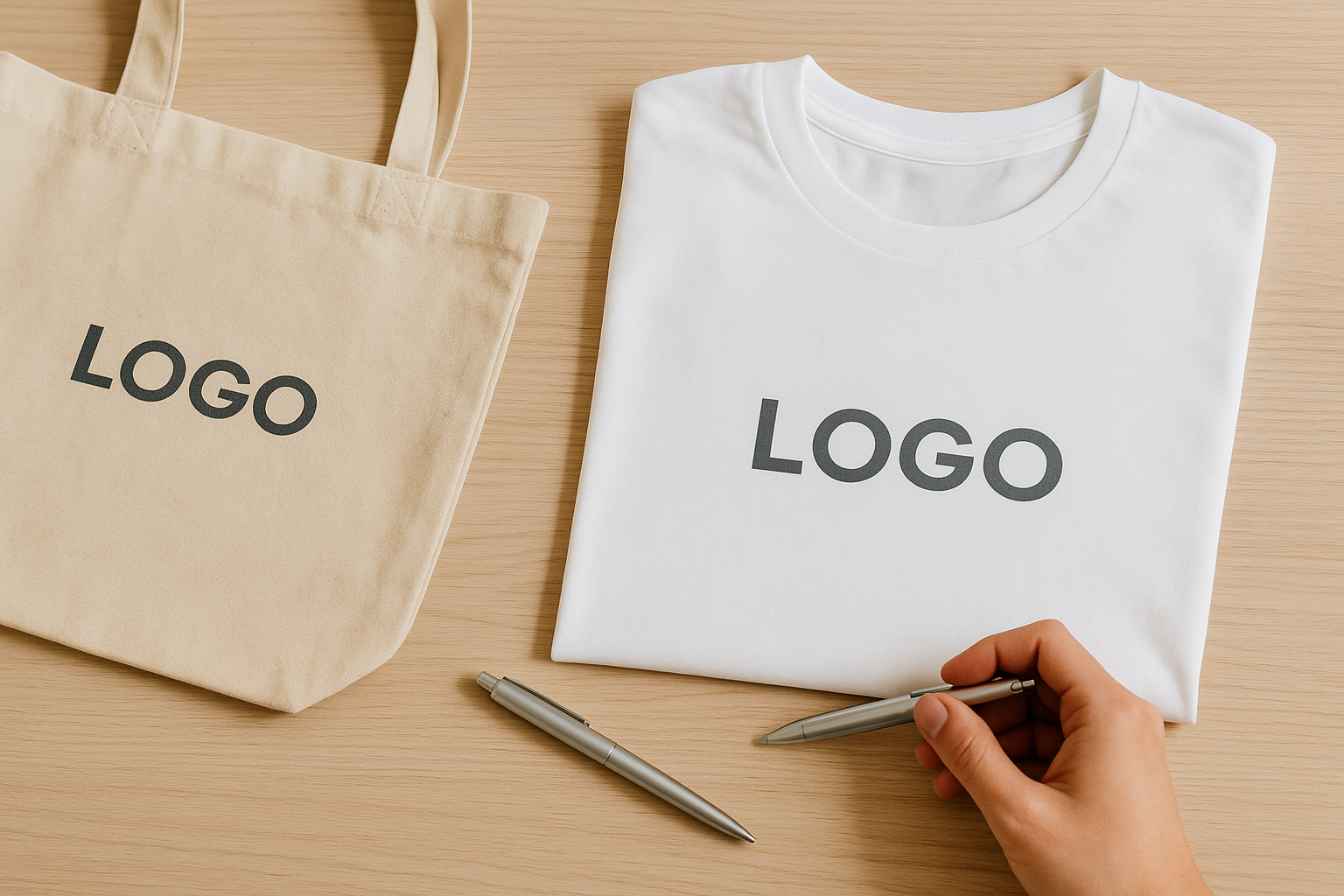 t-shirt blanc avec logo gris, tote bag beige avec logo gris, stylo gris argenté
