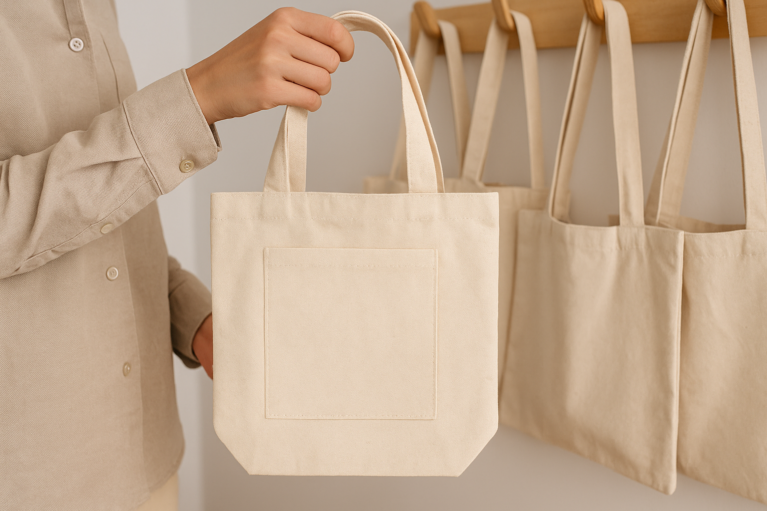 tote bag beige vierge tenu par une main