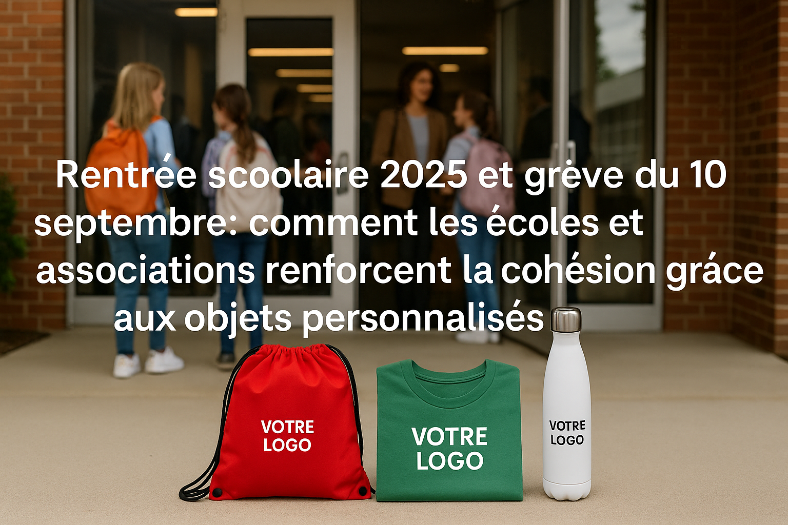 tote bag rouge et t-shirt vert avec logos blancs, gourde blanche avec logo noir