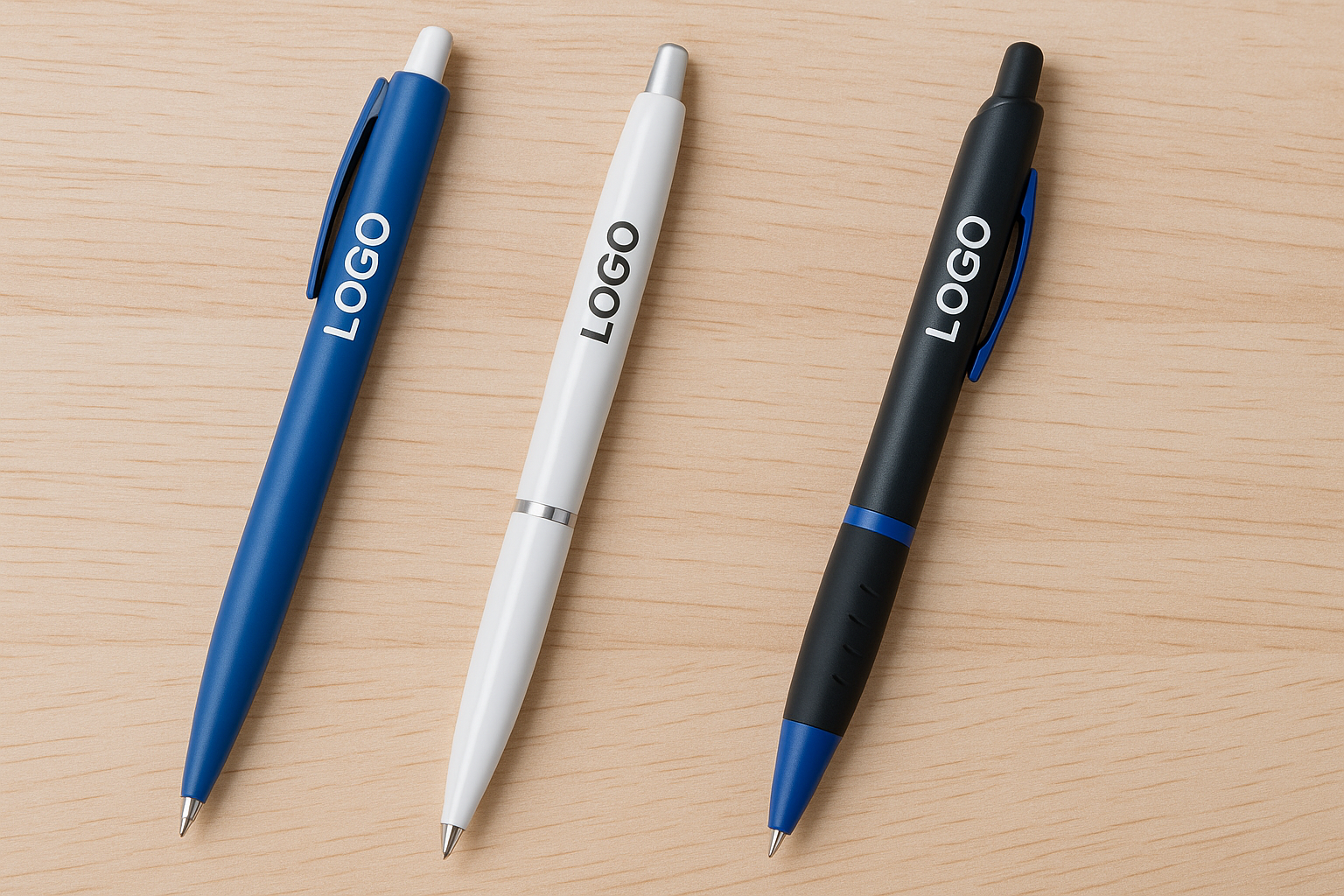 trois stylos bleu, blanc et noir avec logo marqué dessus