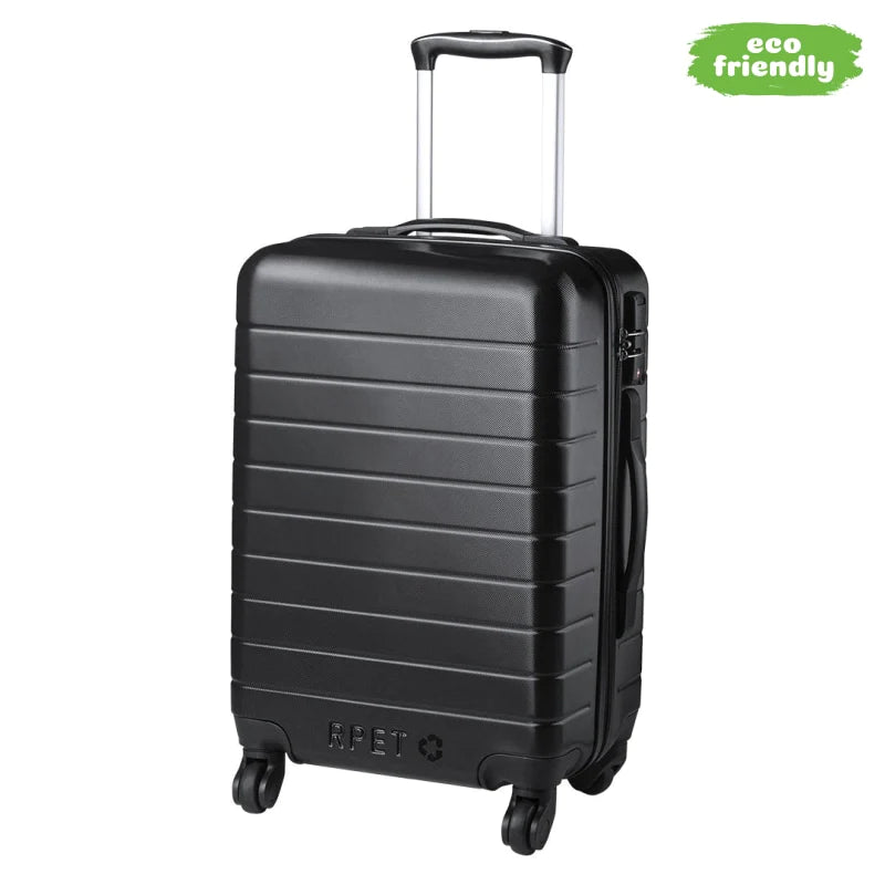 Trolley noir avec plastique recyclé et manche télescopique sur fond blanc