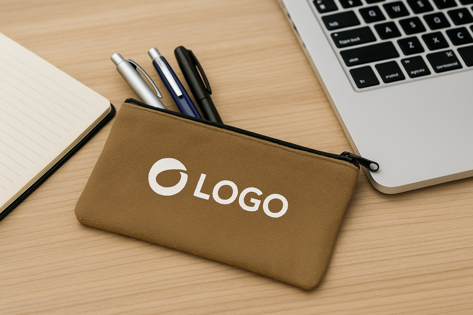trousse beige foncée avec logo blanc dessus et stylo gris et argenté dedans qui dépassent