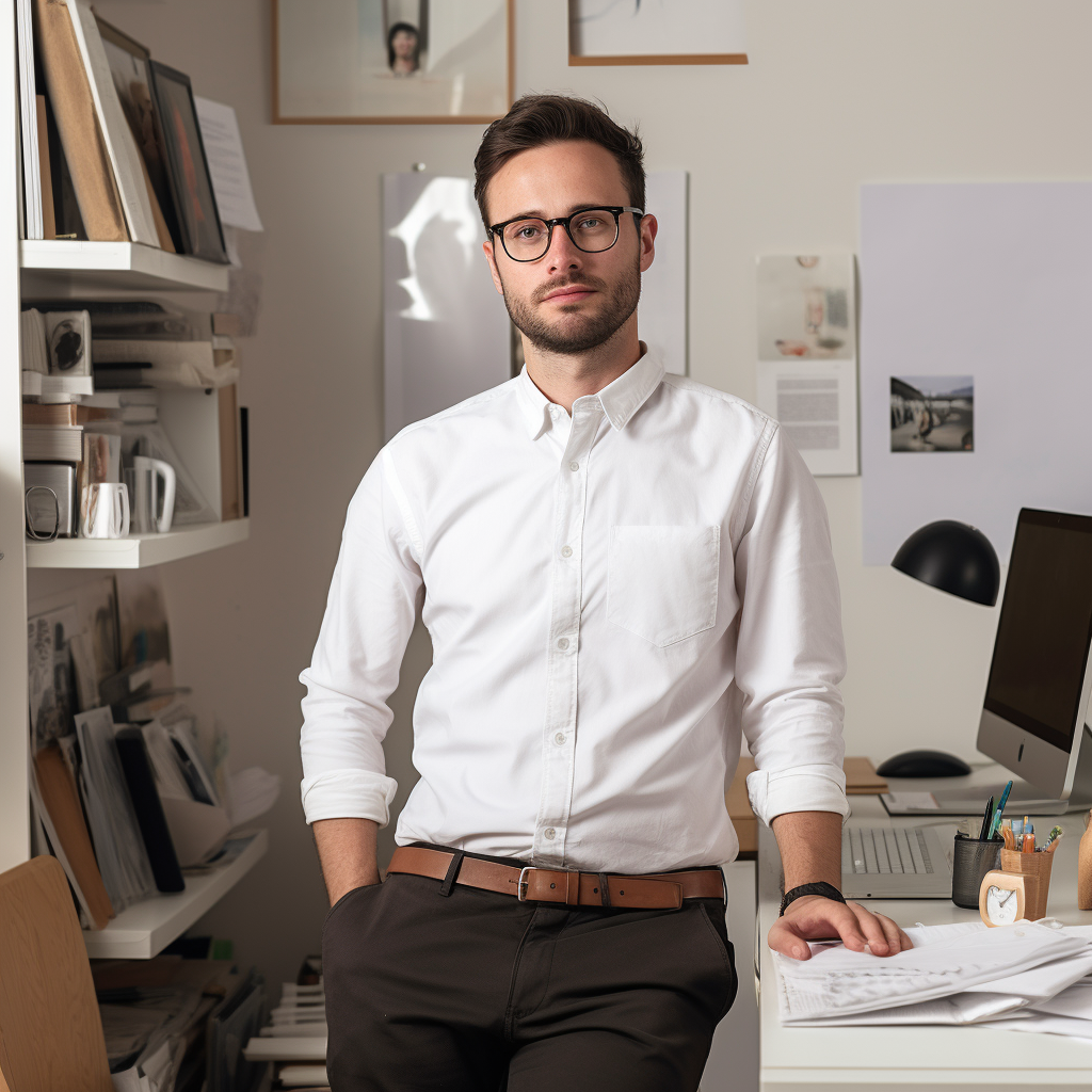 Un homme est au travail et porte une chemise personnalisable blanche afin de représenter au mieux son entreprise notamment grâce à son logo gravé sur la chemise blanche que porte cet homme