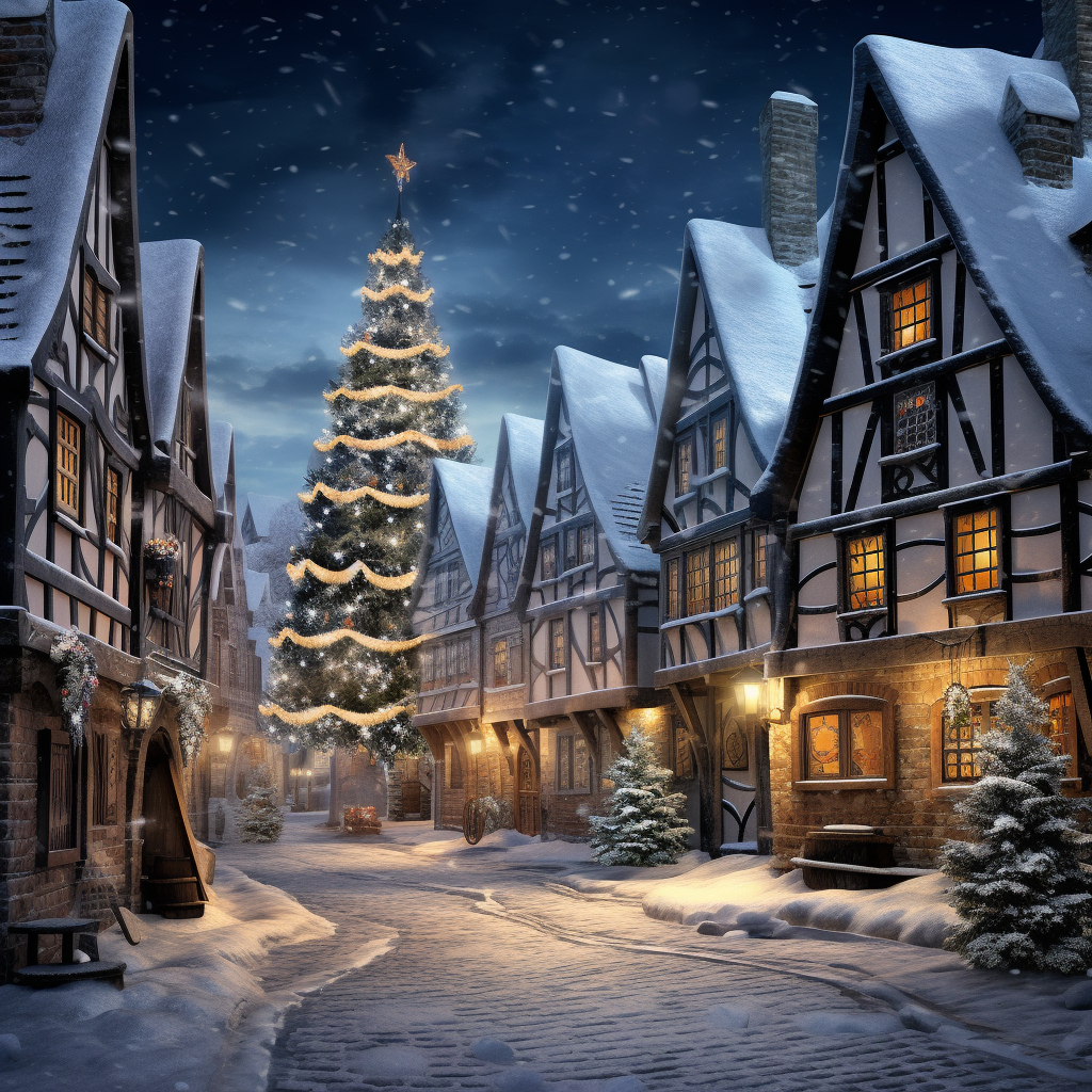 Très joli village médiéval enneigé par la magie de Noël avec un très grand sapin de Noël dominant l'ensemble de village sur la place centrale