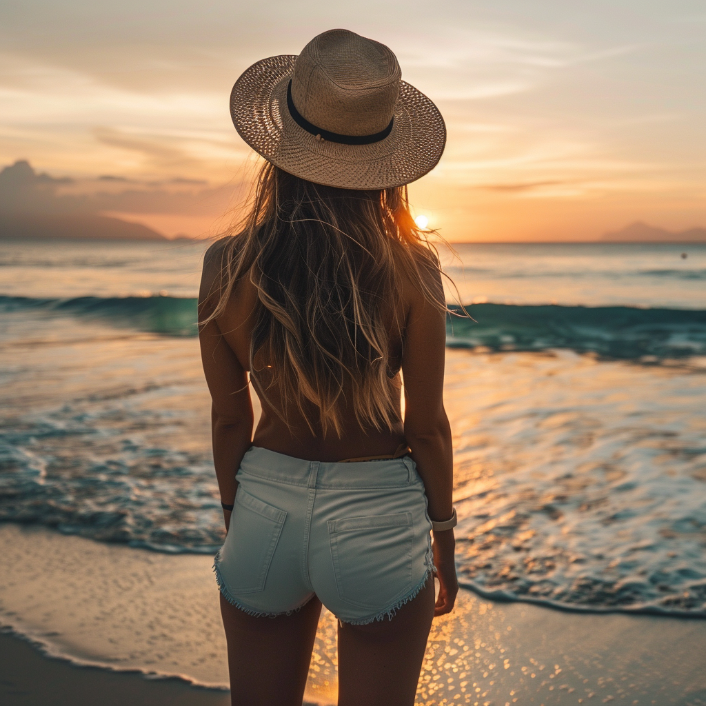 Une femme se tient debout face à un lever de soleil au-dessus de la mer. Elle porte un short en jean ainsi qu'un chapeau