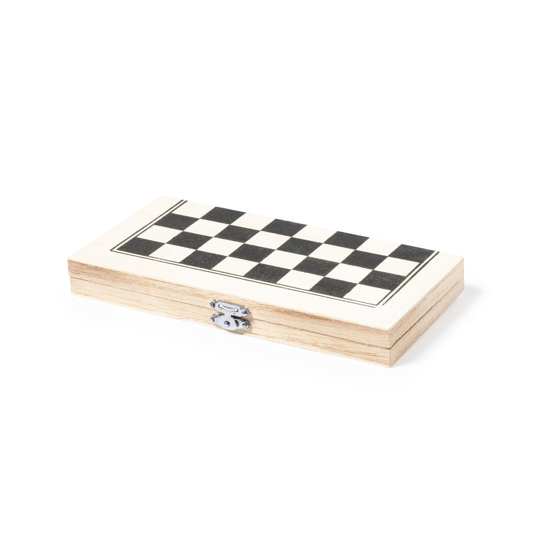 Jeu d'échecs en bois naturel avec plateau pliant, charnières et fermeture en métal