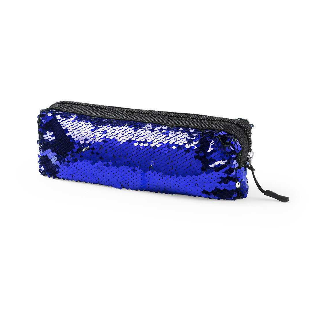 Trousse avec des paillettes de couleurs métalliques bleues
