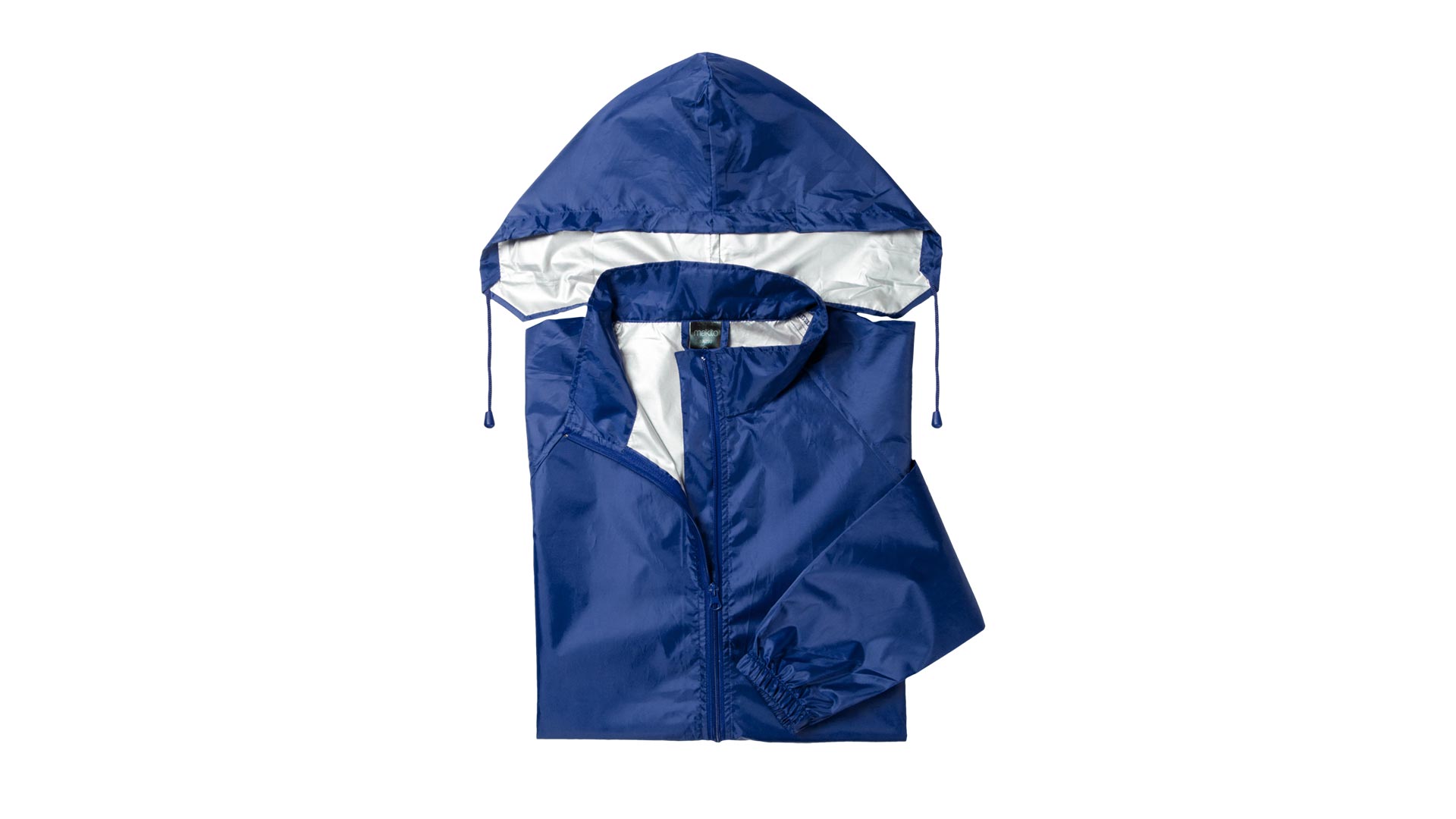 Imperméable bleu pilé avec capuche ressorti et manche gauche