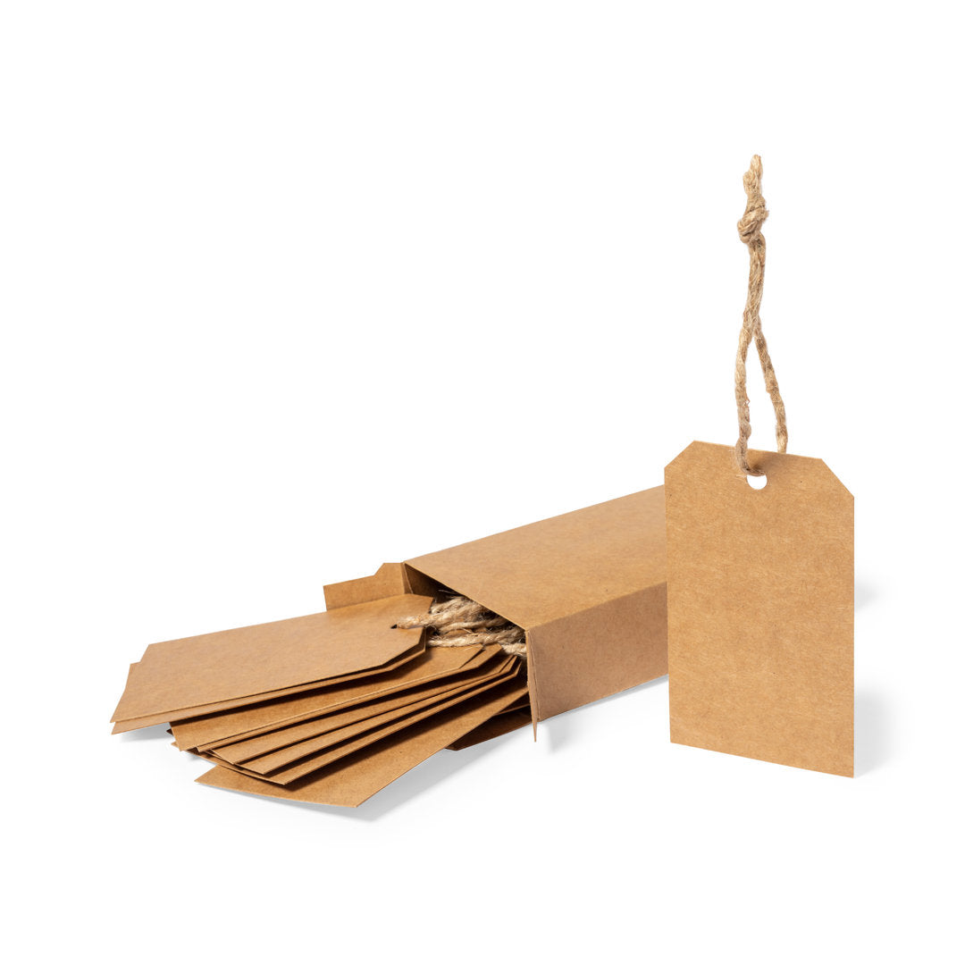 Ensemble durable : 10 étiquettes de format 5 x 9 cm en carton kraft recyclé avec cordon en jute, livrées dans une boîte individuelle.