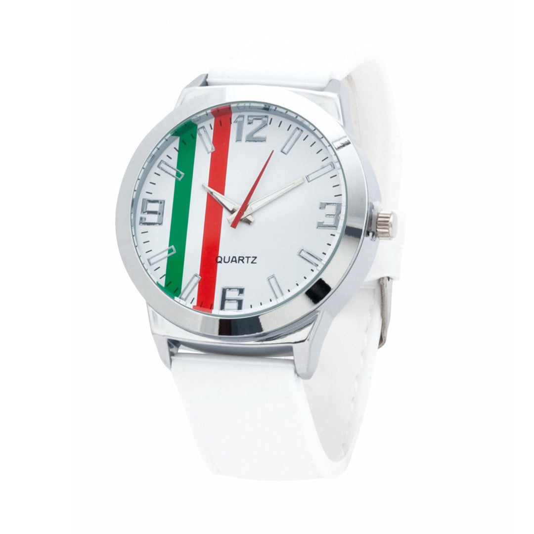 Montre blanche qui comporte les couleurs de l'italie au sein de son cadrant