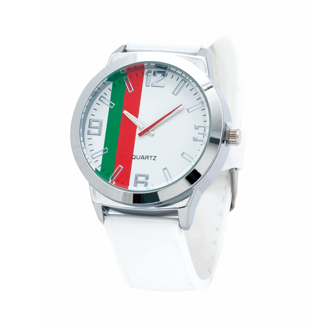 Montre blanche qui comporte les couleurs du portugal dans son cadrant