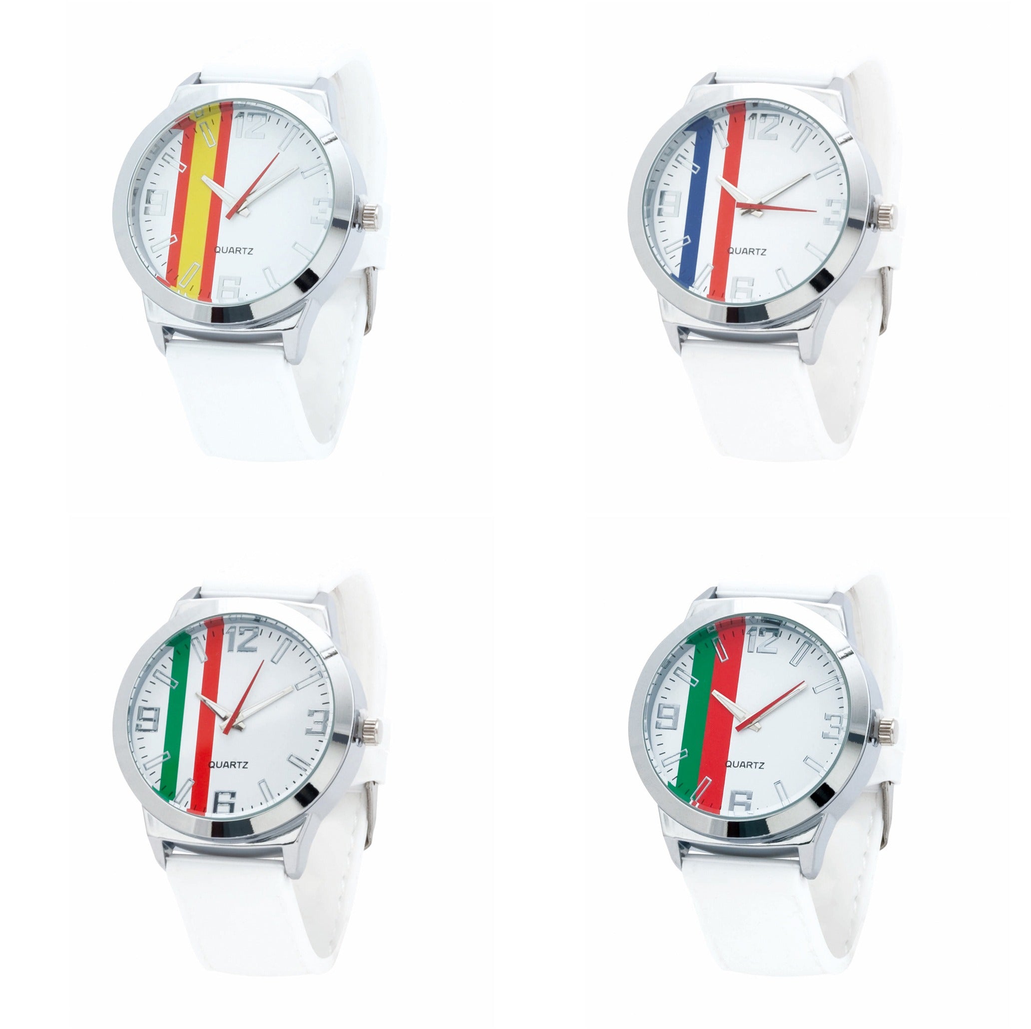 Set de 4 montres blanches personnalisables avec chacune les couleurs d'un pays d'europe de l'ouest