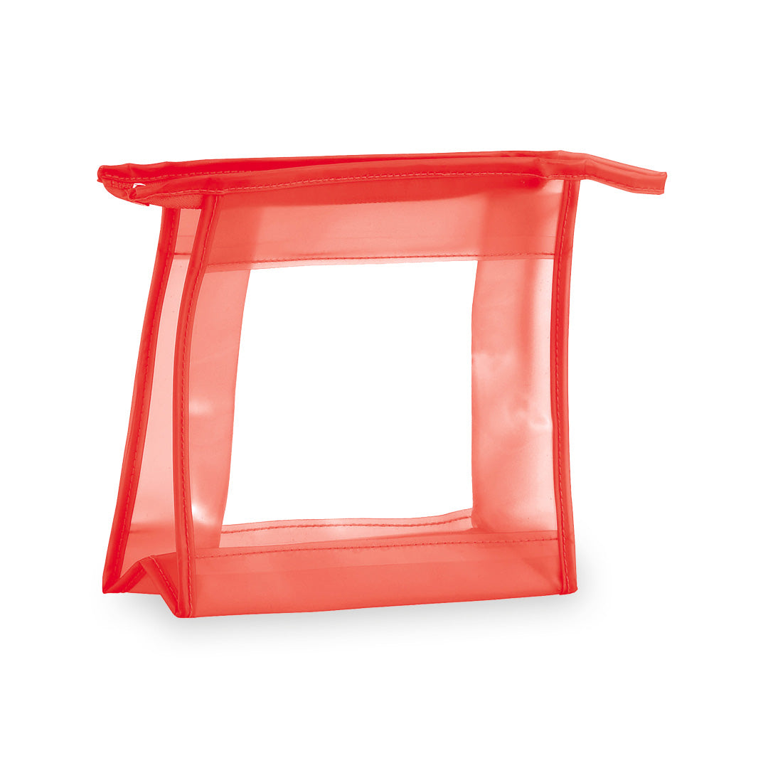 Trousse multifonction en PVC translucide de couleur rouge, fenêtre transparente et fermeture zippée assortie