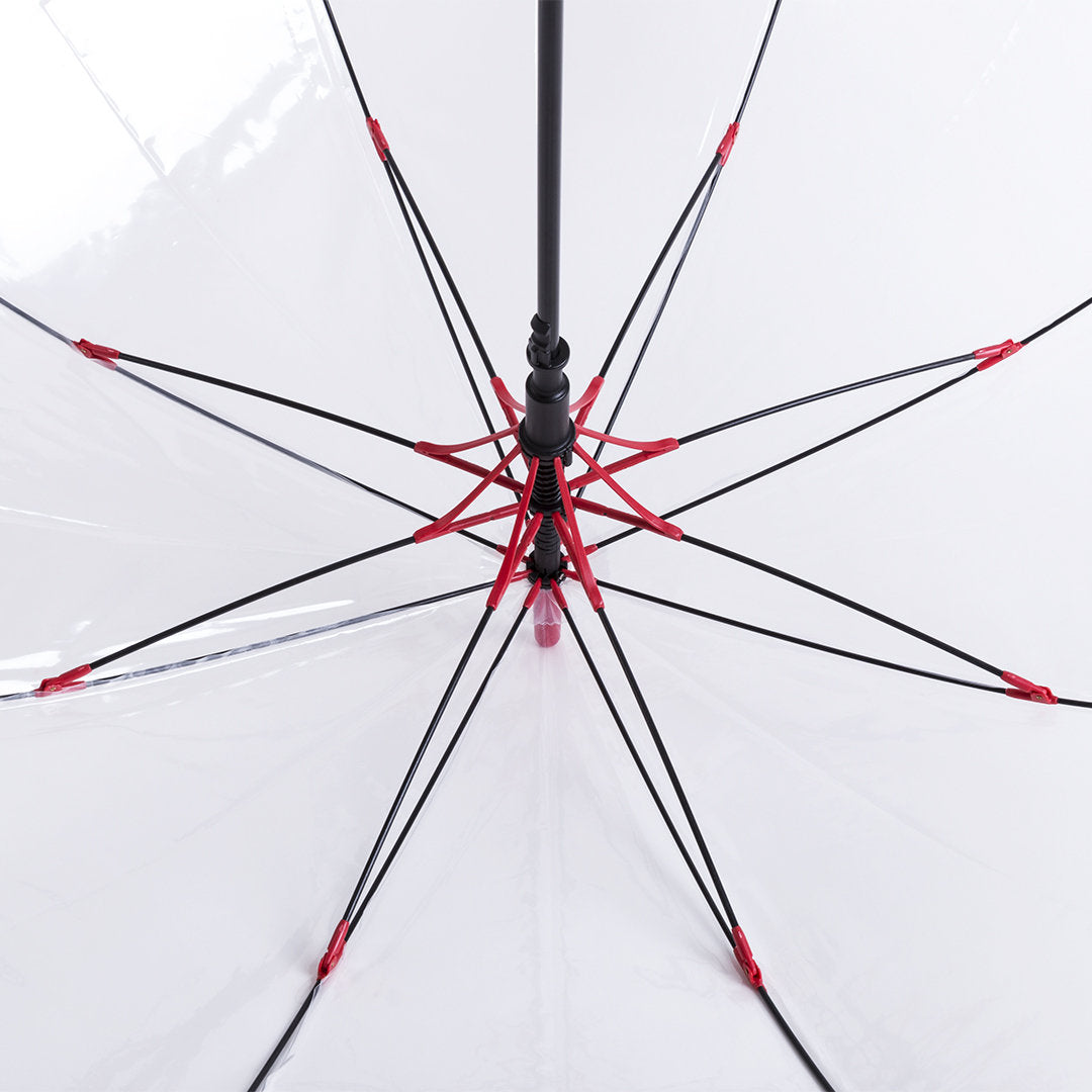 Parapluie transparent avec poignée colorée, tiges en fibre de verre.