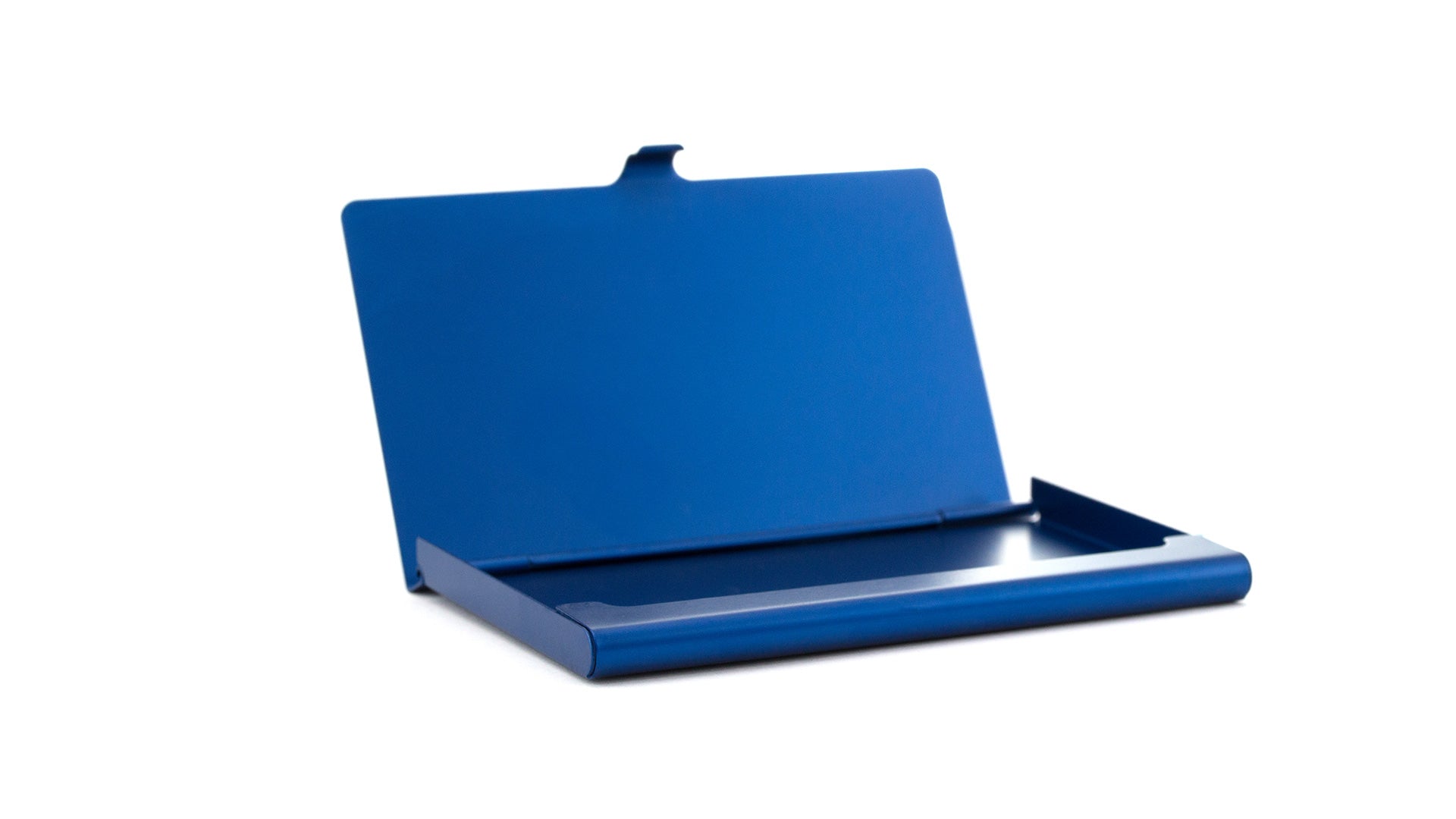 Elegant porte cartes bleu ouvert avec un systme de fermeture à pression