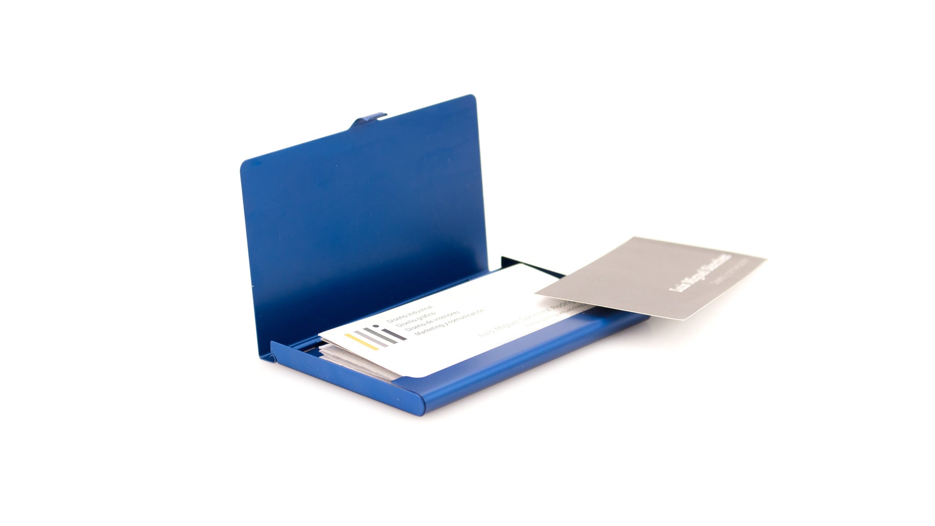 Porte cartes élégant avec corps en finition en aluminium. Couleur bleu