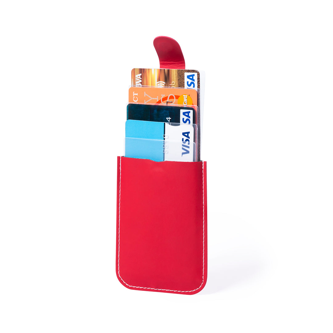 Porte cartes anti-RFID pour protéger les données personnelles à 100% contre le piratage. Couleur rouge. Le porte carte est ouvert et contient des cartes à l'intérieur