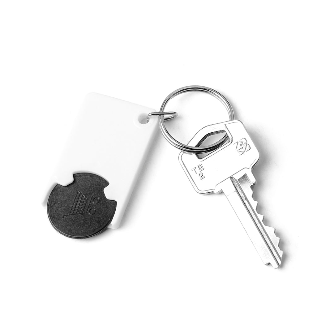 Porte clés pièce de caddie de couleur noire avec une clé attachée