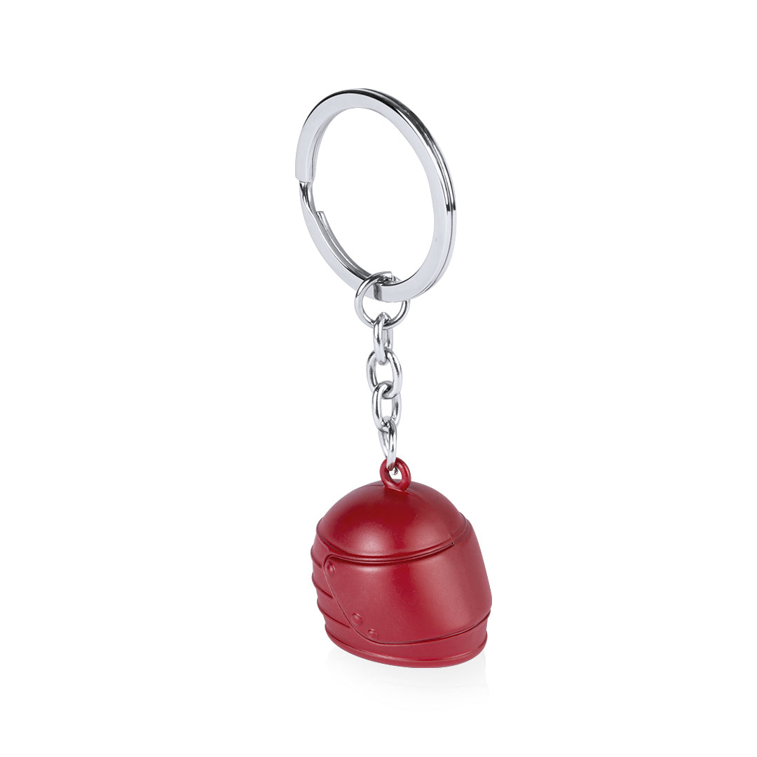 Porte clé en forme de casque métallique et personnalisable, de couleur rouge. Boucle métallique