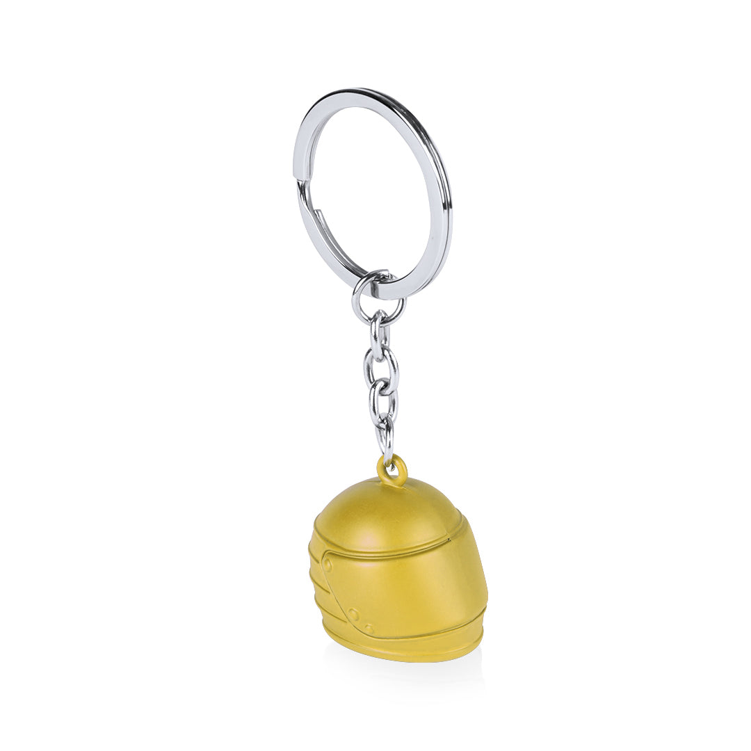 Porte clé en forme de casque métallique et personnalisable, de couleur jaune. Boucle métallique