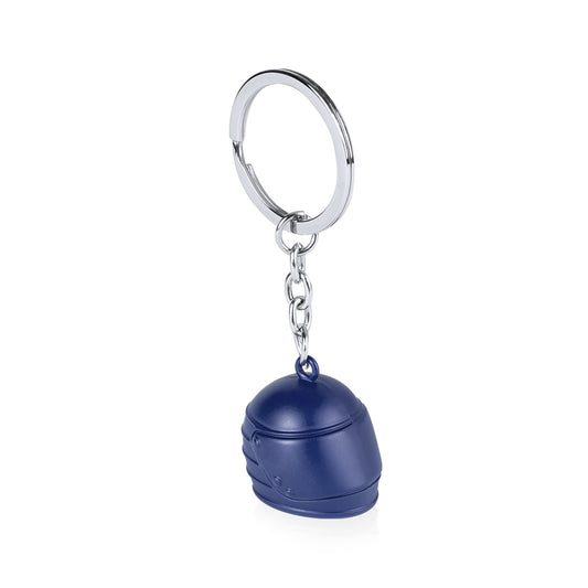 Porte clé en forme de casque métallique et personnalisable, de couleur bleu. Boucle métallique