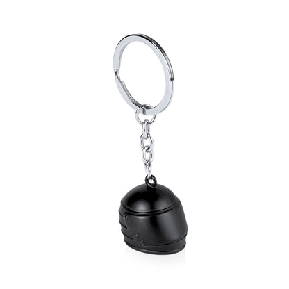 Porte clé en forme de casque métallique et personnalisable, de couleur noire. Boucle métallique