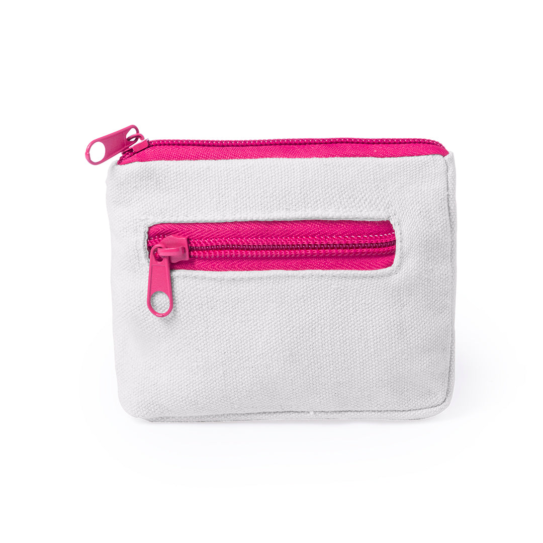 Porte monnaie bicolore en coton, avec le corps blanc et fermetures zippées rose.
