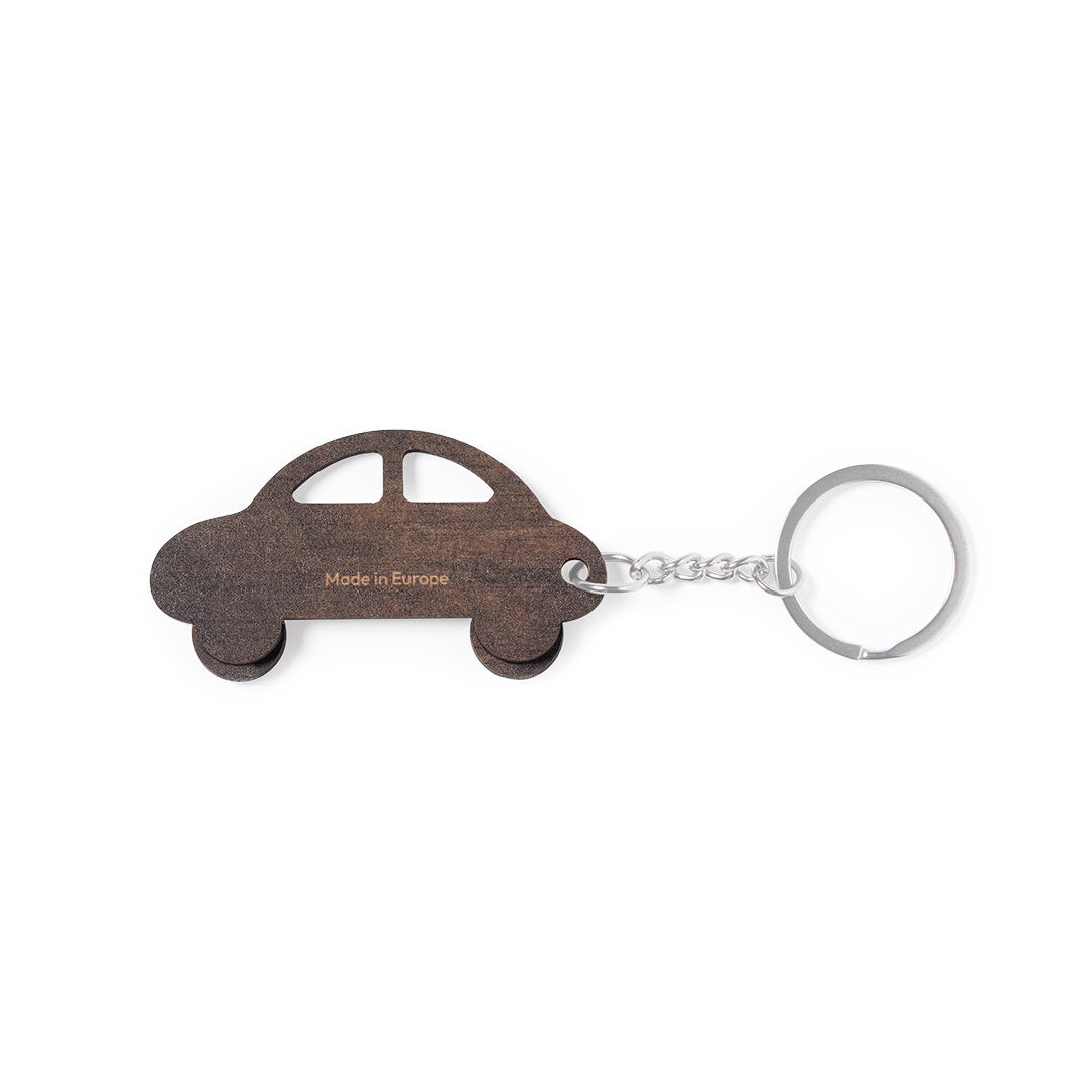 Porte-clés automobile en bois naturel avec anneau en métal et badge Made In Europe