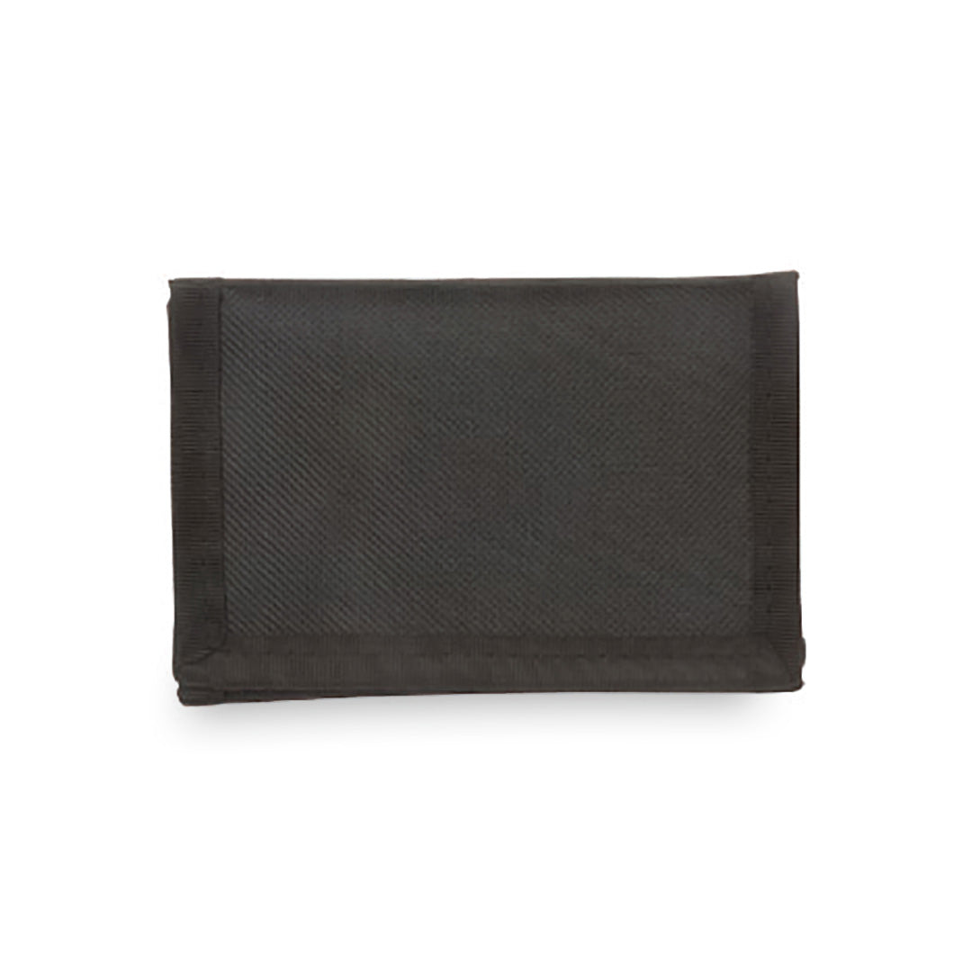 Portefeuille de format triptyque en polyester 300D résistant de couleur noire.
