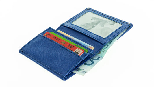 Portefeuille en similicuir bleu avec un compartiment pour cartes, monnaie et pièce d'identité