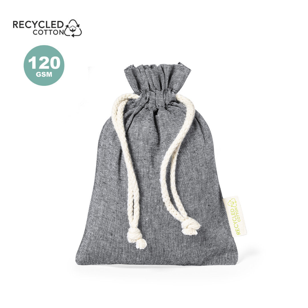 Sac écologique en coton recyclé GRS 120g/m2, certification GRS, fermeture à cordon, finition cousue.