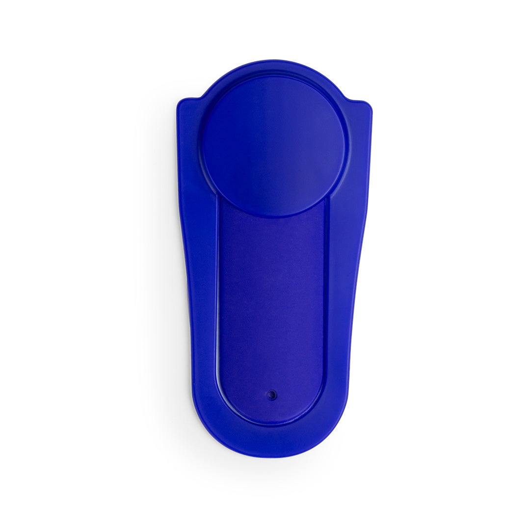 Support bleu en silicone souple, fixé à un smartphone. Forme originale et fixation par ventouse. 