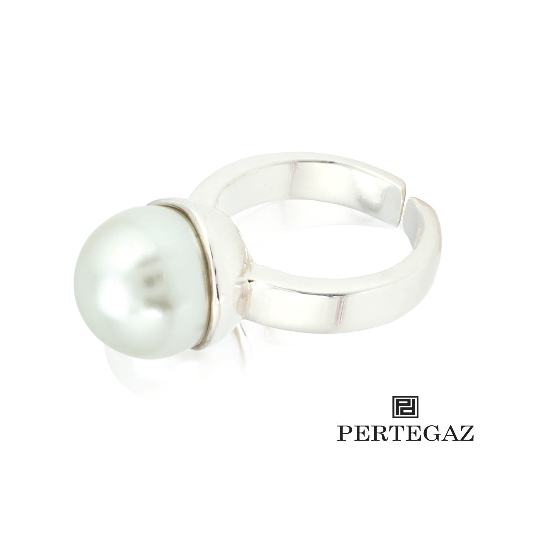 Bague réglable Pertegaz en métal avec perles de cristal, livrée dans un écrin avec le logo de la marque et un étui en similicuir.