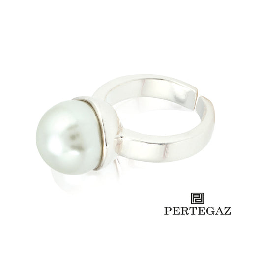 Bague réglable Pertegaz en métal avec perles de cristal, livrée dans un écrin avec le logo de la marque et un étui en similicuir.