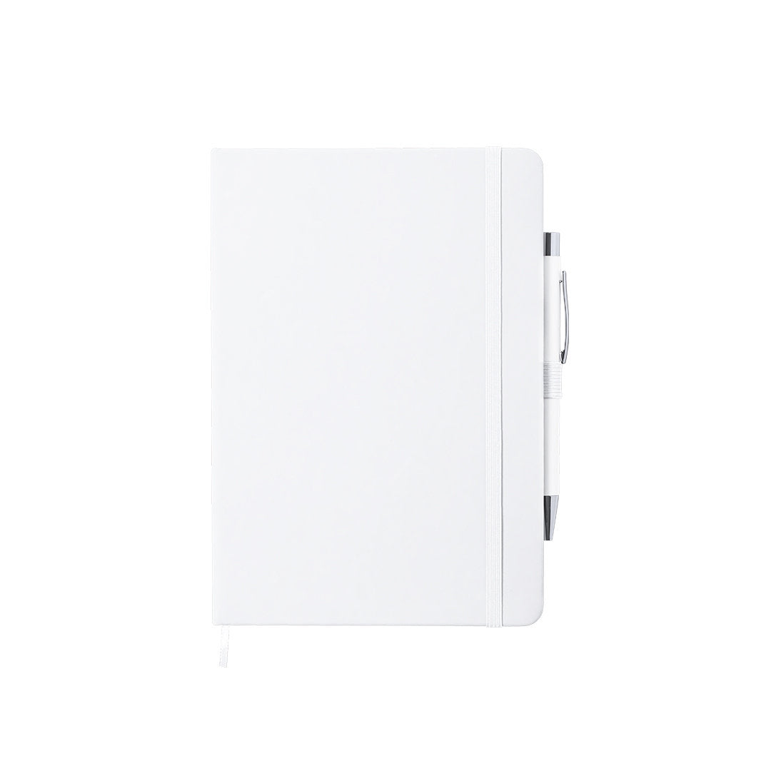 Bloc notes 100 feuilles, couverture rigide, stylo aluminium ROBIN blanc