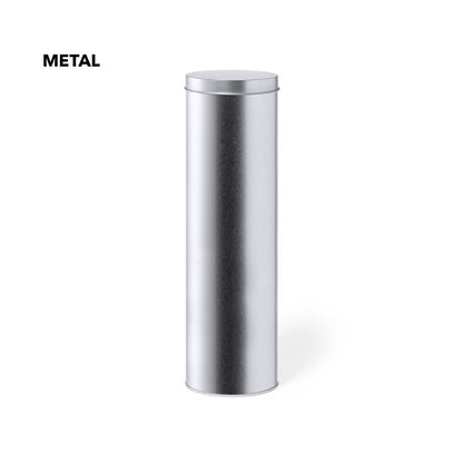 Boîte cylindrique en métal résistant, finition argentée avec couvercle assorti.