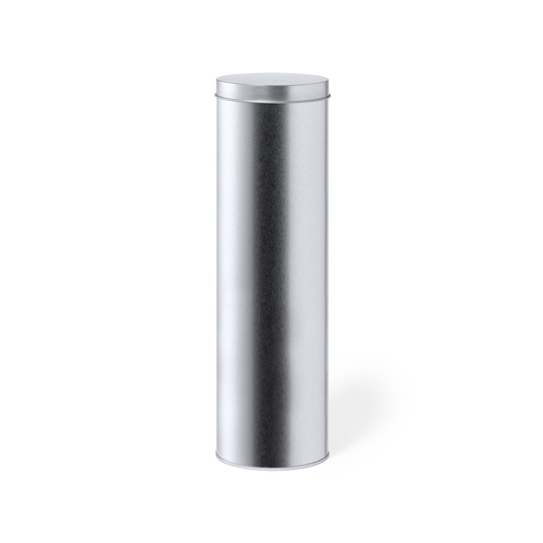 Accessoire élégant : boîte cylindrique en métal avec finition argentée et couvercle coordonné.