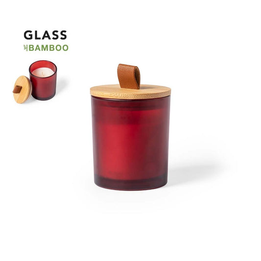 bougie aromatique bocal en verre et couvercle bambou rouge