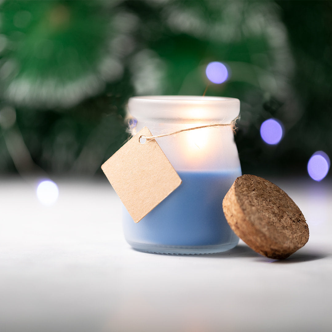 bougie bleu pot en verre et bouchon en liege noel