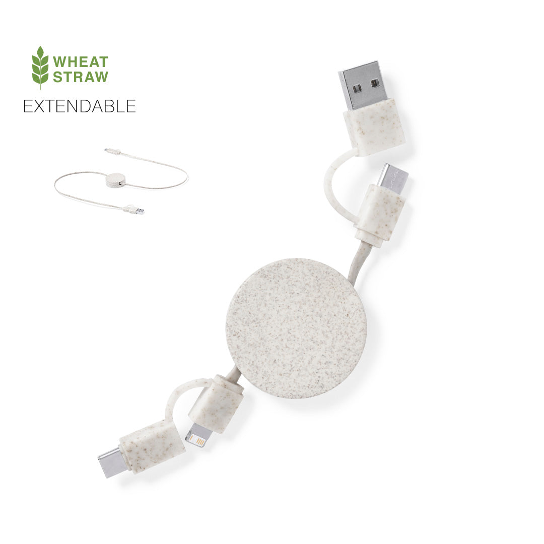 Câble extensible éco-responsable en canne de blé, idéal pour la charge et la synchronisation de vos appareils. Doté de multiples connexions, dont Type-C, Lightning et Micro USB. Emballé dans un sac kraft pour une touche écologique supplémentaire